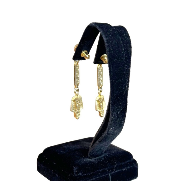 Vintage Egyptian Revival Pharaoh Gold Tone Pierced Drop Earrings - Picture 2 of 4